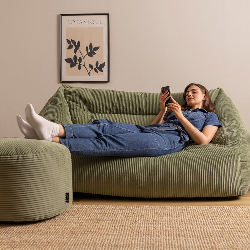 icon Cecilia Corduroy Two Seater Sofa Bean Bag and Round Footstool, Grey, Green