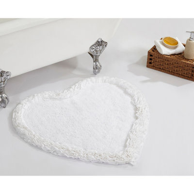 Zetilla 100% Cotton Tufted Bath Rug, Ultra Soft & Absorbent, Non-Slip Spray Latex Backing, Luxurious Ruffle Border, 30" Heart-Shaped, White