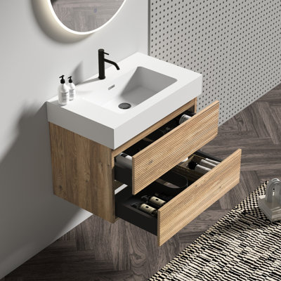 Meuble-lavabo mural flottant avec tiroirs doubles, conception moderne, panneau de grille en chêne, panneaux de qualité E1, laque E0, poignée cachée, système de fermeture en douceur, lavabo une pièce, 20% de rangement supplémentaire