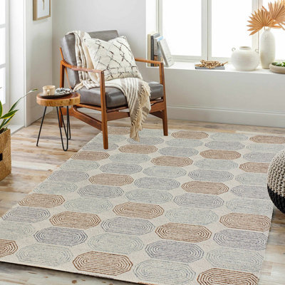 Tapis ivoire beige en laine touffeté à la main à motif géométrique octogonal