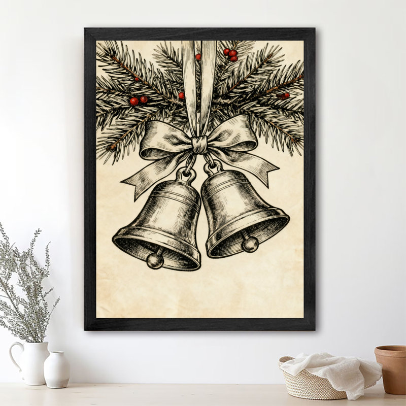 Reproduction d'art de cloche de Noël rétro encadrée noire, H 37 po x l 25 po