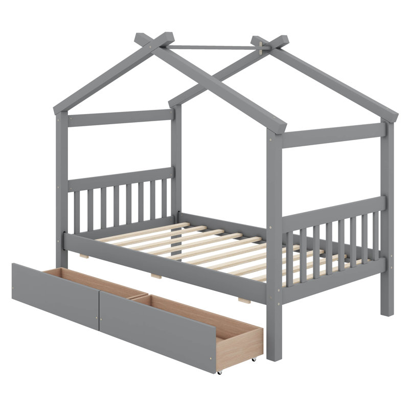  Lit en bois avec tiroirs, Gris
