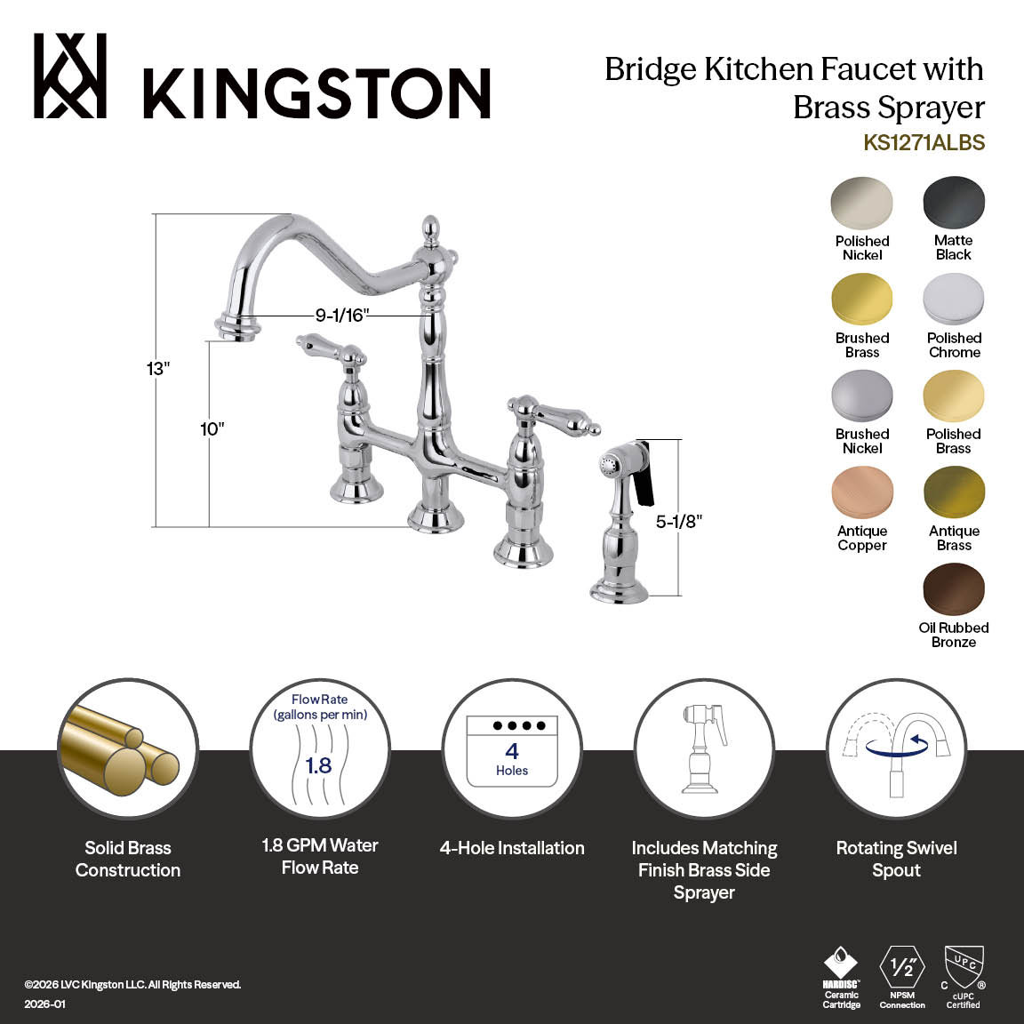 Kingston Brass Heritage 4-Hole Bridge Faucet, Oil Rubbed Bronze