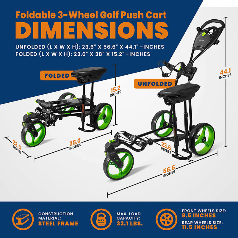 Jovial Black and Green 3-Wheel Foldable Golf Push Cart
