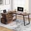 Bureau d'ordinateur en L réversible de 53 po avec 3 tiroirs et tablettes de rangement, bureau de coin industriel avec classeur, poste de travail compact pour petites pièces, brun rustique