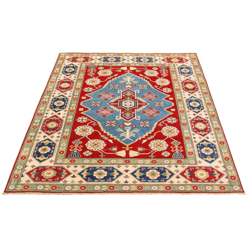 Tapis rouge en laine noué à la main de conception unique 6 pi 6 po x 8 pi 10 po nouvel âge Morciglio