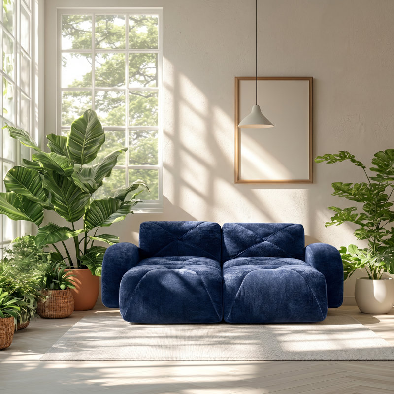 Loaf 110" W x 43" D x 16" H Tufted Velvet U-Shaped Modular Sofa with Movable Ottoman, Navy