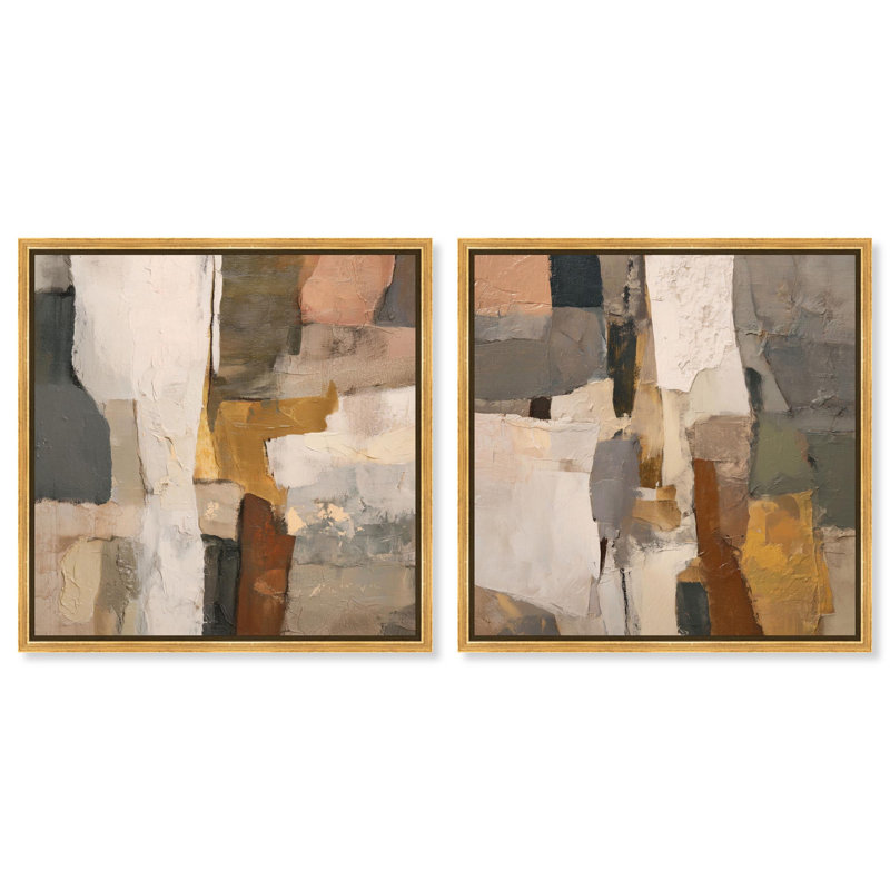 Patchwork Plains Duo Canvas Print Beige Wall Decor Set by Art Remedy, Black Frame, 12 x 12, 21" H x 21" W, Gold Frame