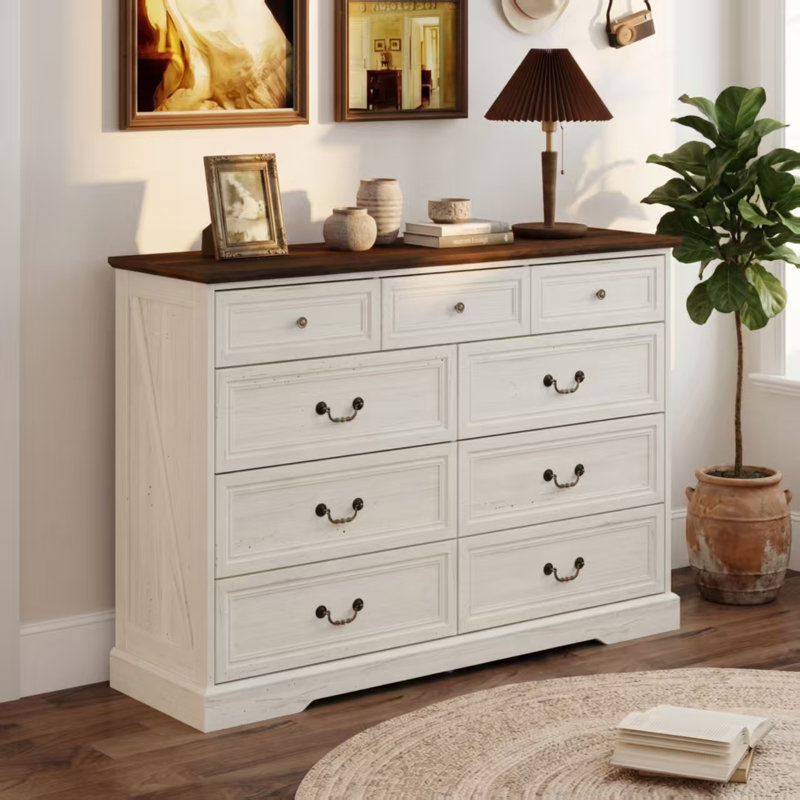 Commode de rangement classique à 9 tiroirs, Brun / grain de bois blanc
