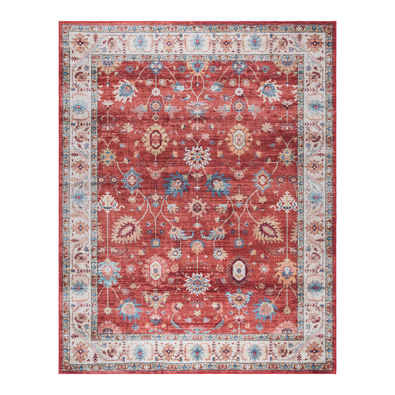 Samira Cullen Machine Washable Floral Border Red Cream Multi Indoor Area Rug, Transitional Flat Pile for Living Room & Bedroom - Red, 5x7