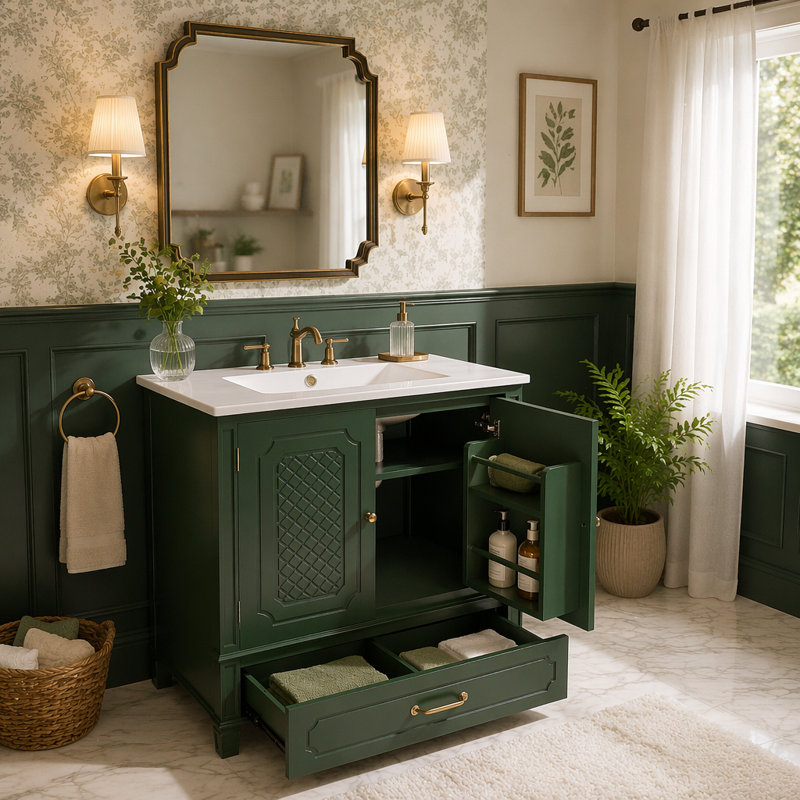 Meuble-lavabo de salle de bain avec lavabo style rétro, Green-set of 2