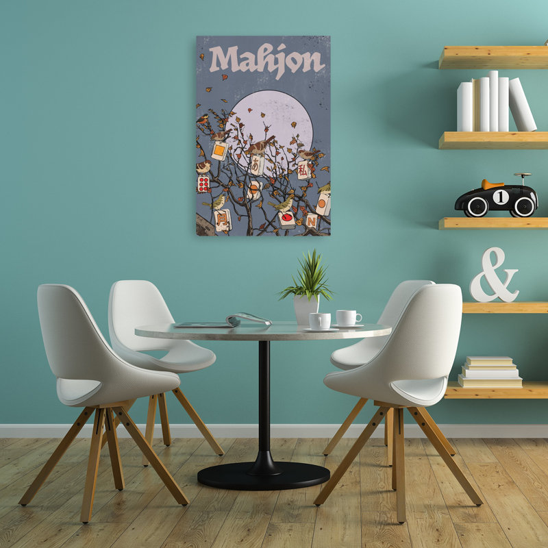 Mahjong Moon Birds Serene Tranquil Whimsical Bird Autumn Nature Wall Art Print, 91.44cm H x 60.96cm W