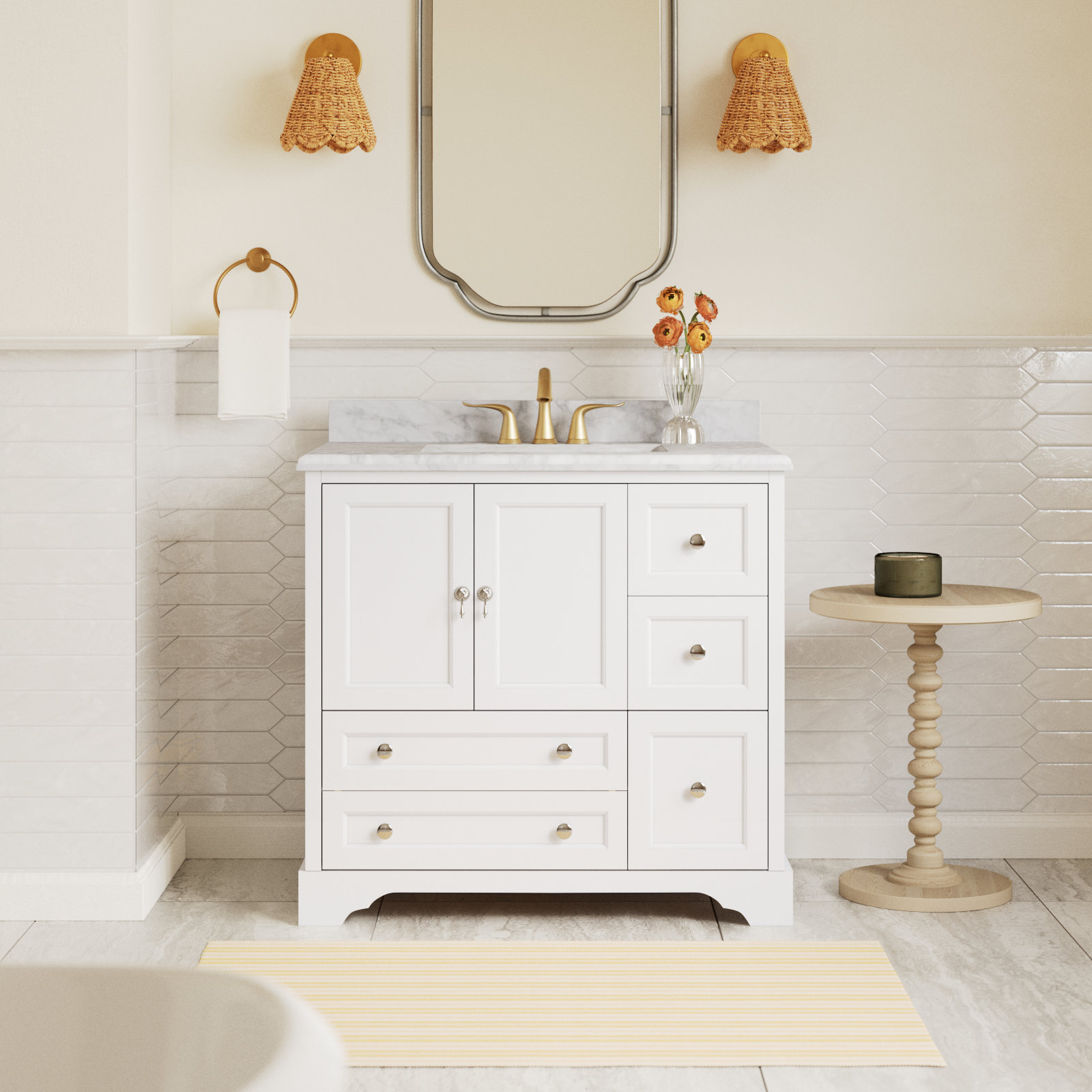 Tilford 36'' Single Bathroom Vanity, White, Carrara Marble