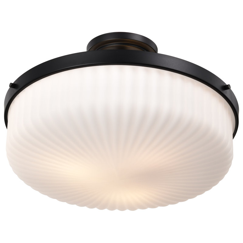 Sifuentes - Semi Flush Mount - Natural Brass Finish - Frosted Ribbed Glass, Matte Black
