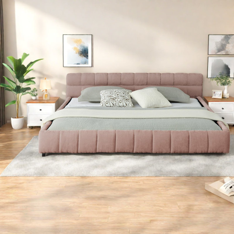 Très grand lit tapissier moderne, plateforme en chenille avec tête de lit