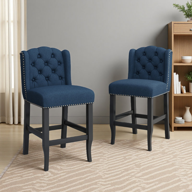 Tabourets de comptoir à oreilles touffetés en tissu Contemporary, ensemble de 2, Bleu