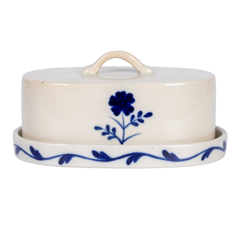 Beurrier en grès peint à la main avec fleur, bleu et blanc