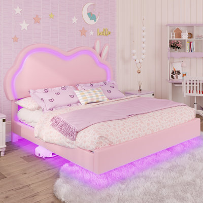 Zoomie Kids Floating Bed Frame with Adjustable LED Headboard and Leather Upholstered by Zoomie Kids Zoomie Kids Floating Bed Frame with Adjustable LED Headboard and Leather Upholstered by Zoomie Kids