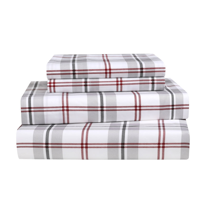 Ensemble de draps en microfibre 4 pièces, Ensemble de draps pour très grand lit avec 2 taie, Tissu écossais gris