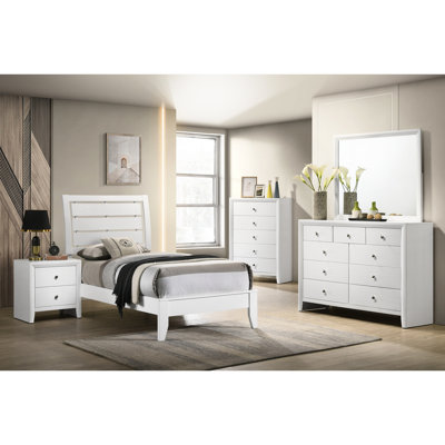 Mobilier de chambre simple, lit blanc avec tête de lit à géométrie attrayante et stabilité de conception moderne, cadre géométrique en bois