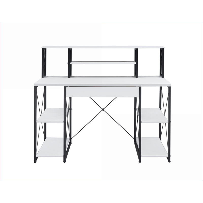 Bureaux, bureau blanc moderne avec rangement, plateau de 47 po, compatible avec un téléviseur de 43 po, base traîneau en métal | Blanc | Bois synthétique