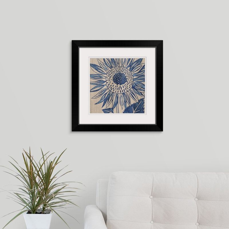 Indigo tournesol - imprimé, Cadre noir, H 20" x l 20" x P 1"