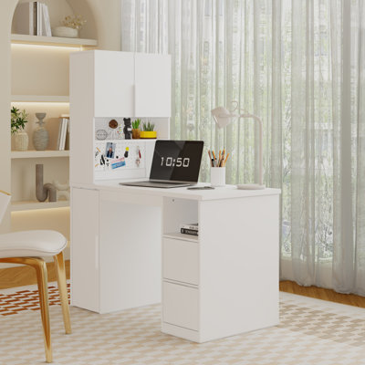 Modern White Writing Desk With Metal Pegboard, Lockable Rolling Cabinet, And Drawers – Home Office Organizer