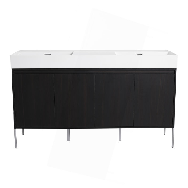 Meuble-lavabo autoportant 60 po avec double lavabo en résine, armoire de rangement avec portes à fermeture douce 60 po