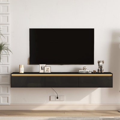 Floating TV Stand, Wall Mounted TV Shelf With LED Lights & Power Outlet, High Gloss TV Cabinet, Black