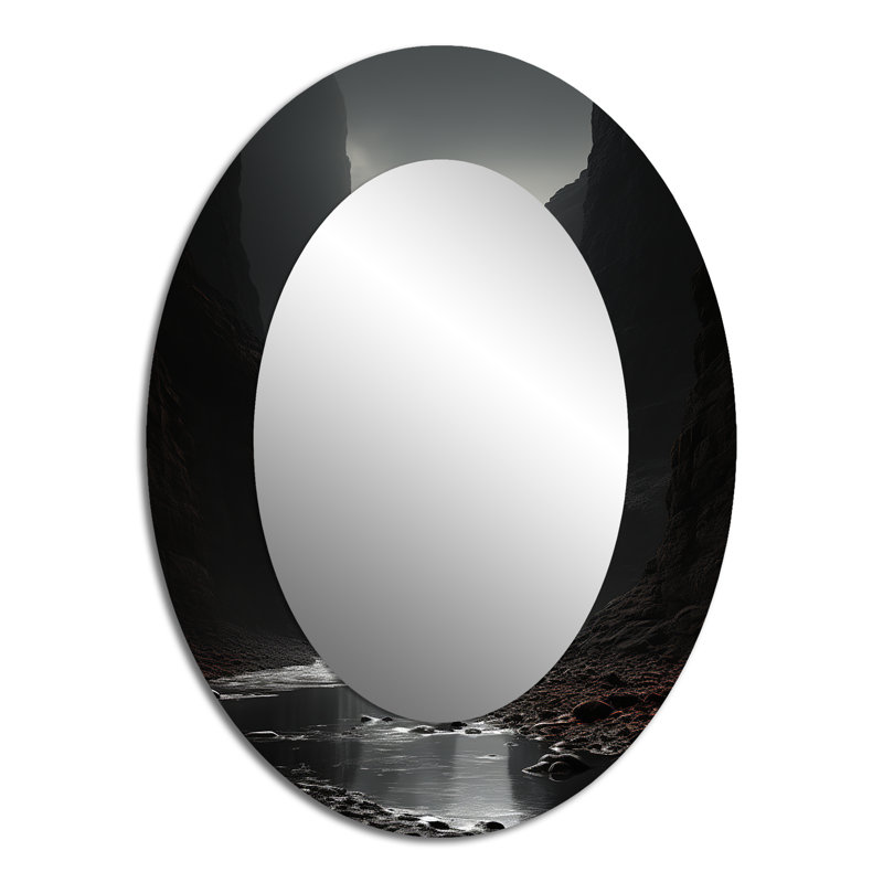 Black And White Canyon Calm I - Large Oval Wall Mirror On Metal, 40" x 30"