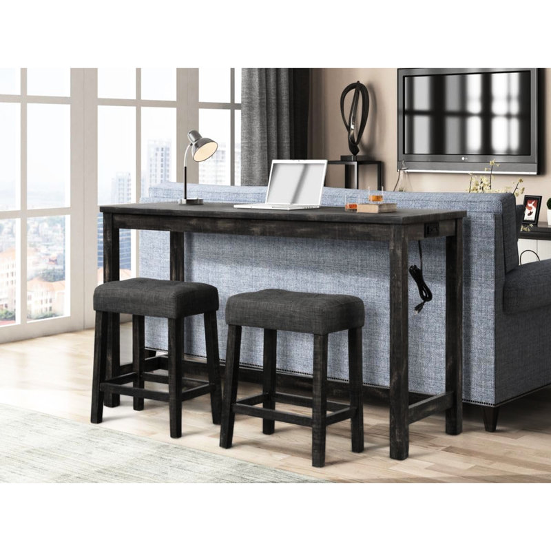 Table de salle à manger à hauteur de comptoir 3 pièces - Table en bois massif avec 2 ports et prise électrique, assise, noir anthracite, style transitionnel, table de 60 pouces, 2 sièges, rectangulaire, tabourets d'appoint, design,