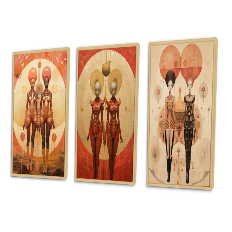 Alien Goddess Vintage Dreamscape Illustration V - Abstract Portraits Art Set Of 3 Pieces, Encadré naturel, H 32 po x l 48 po