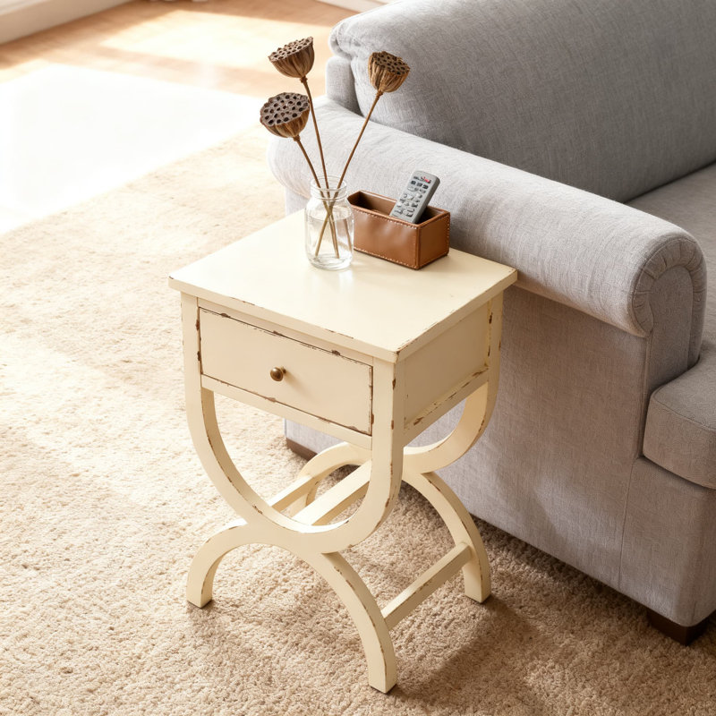 Vintage Cream Accent Table With Drawer, Distressed Finish, Solid Poplar Wood Construction For Living Room, Bedroom, Or Study