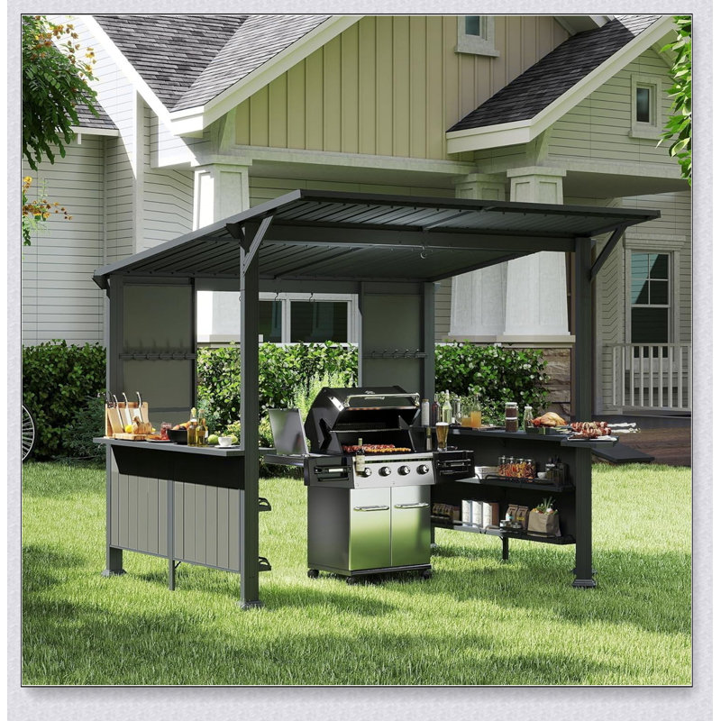 Pavillon de jardin 9 pi x 10 pi à toit rigide avec tablettes de rangement et plateforme d'extension, structure en acier galvanisé durable pour patio et cour arrière