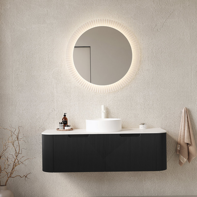 Meuble-lavabo 48 po avec lavabo, meuble-lavabo mural à bords arrondis avec 2 tiroirs, lavabo rond en céramique blanc, sans robinet, couleur noire
