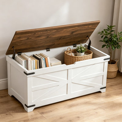 Large Wooden Toy Chest with Safety Hinges, 47.2 Inch Farmhouse Storage Bench for Living Room, Entryway, Bedroom, White and Walnut