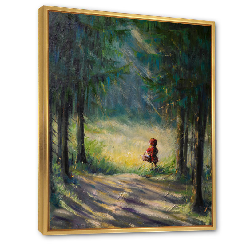 Petit chaperon rouge dans les bois - reproduction sur toile avec cadre flottant, H 40 po x l 30 po x 1,5 po, Doré