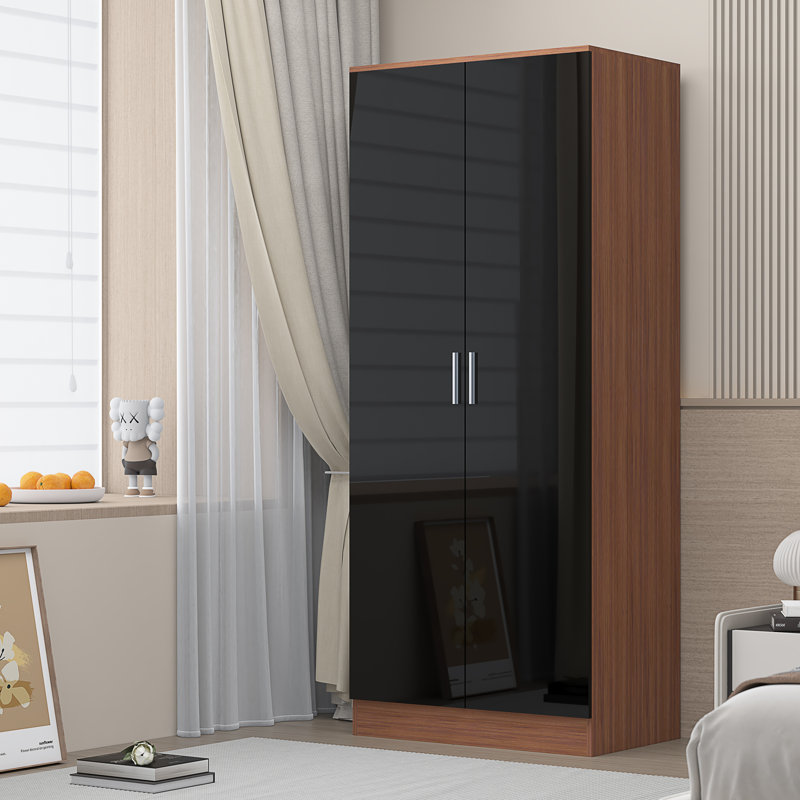 Eva High Gloss 2 Door Plain Wardrobe - H: 180cm x D: 47cm x W: 76cm, Walnut/Gloss Black