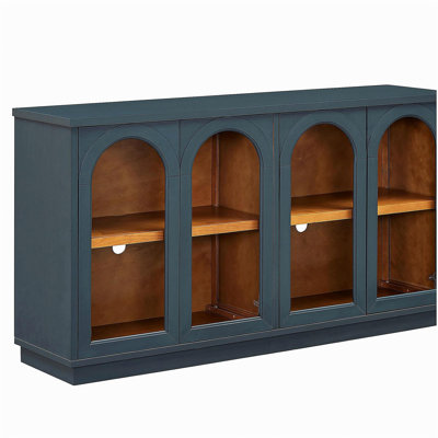 Armoire latérale de rangement à grande capacité à 4 portes avec porte vitrée, armoire arquée, tablettes ajustables, convenant à la cuisine, la salle à manger et le salon (bleu marine)