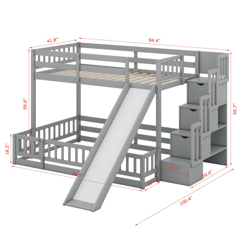 Keeana Twin Over Full Bunk Bed With Slide, Storage Staircase, Gray