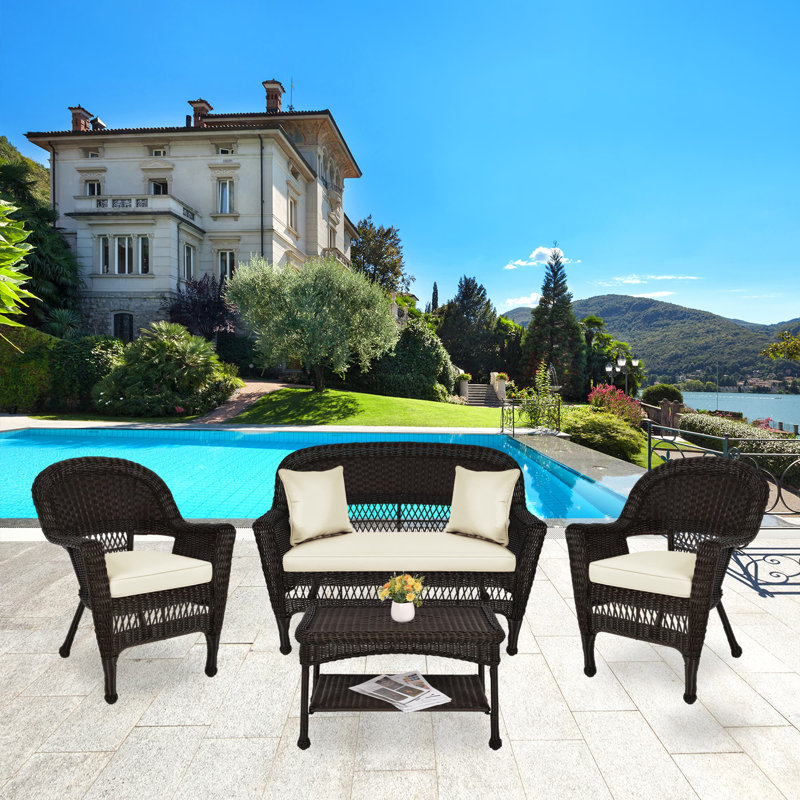 Cecilton 4 Piece Rattan Sofa Seating Group , Espresso, Ivory
