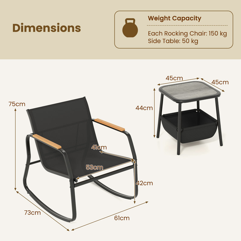 3 Piece Rocking Bistro Set with Metal Frame Chairs