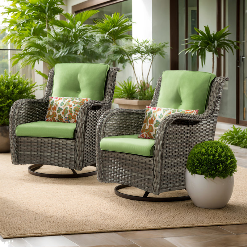 Anahit Swivel Wicker Patio Chair with Cushions (Set of 2), Green