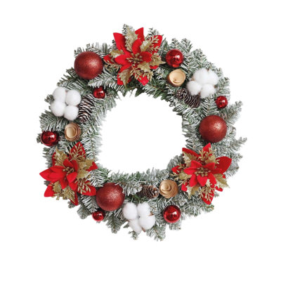 Couronne de Noël artificielle givrée de 40 cm avec des poinsettias rouges, des bouquets de coton, des boules scintillantes et des pommes de pin pour la décoration de la porte d'entrée pendant les fêtes