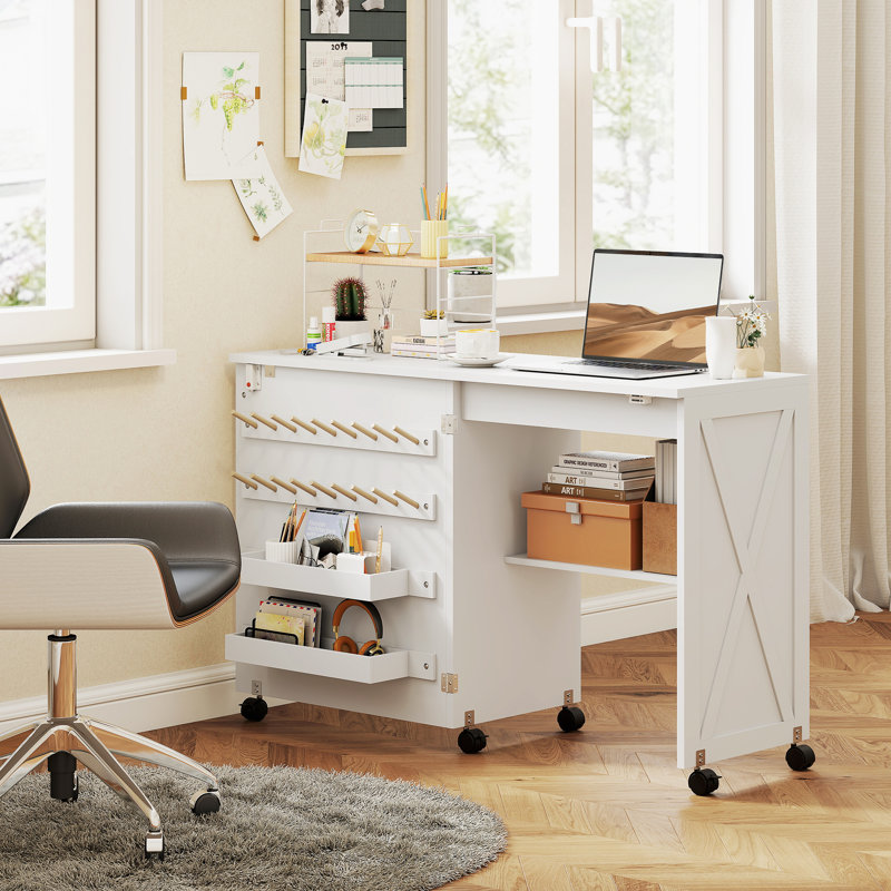 Table de couture pliante, table de bricolage avec rangement, blanc, Blanc