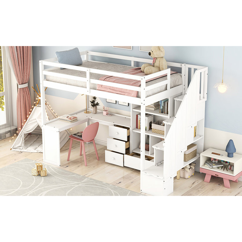 Lit mezzanine blanc simple avec bureau en L, tiroirs, armoire et escalier de rangement - Structure de chambre sécurisée