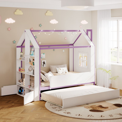 Modern House Bed Frame with Pull-Out Trundle, Tail End Storage Shelves and LED Lights