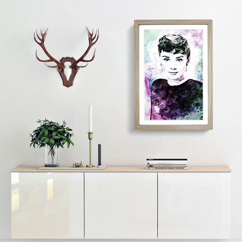 Portrait of Audrey Hepburn in Abstract - Picture Frame Painting Print, 76cm H x 50cm W x 2cm D, Oak