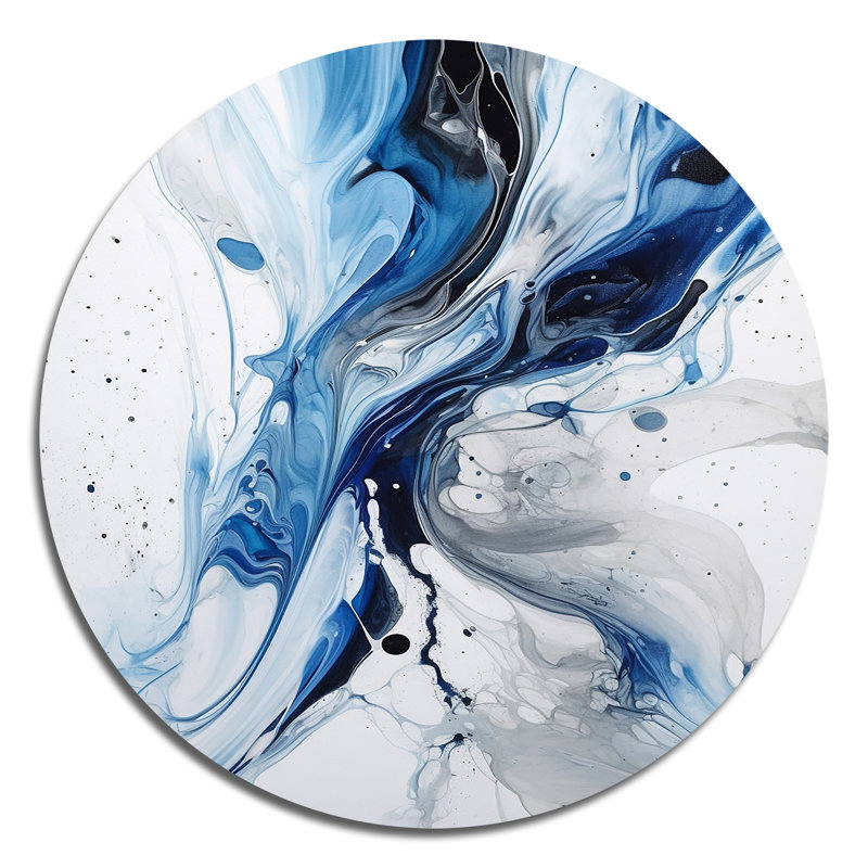 Bleu et gris Elixir éthéré I - Art abstrait rond en métal, H 16 po x l 16 po