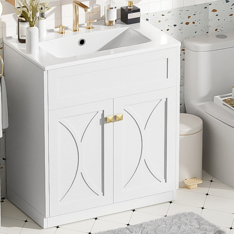 Meuble-lavabo 30 po avec lavabo en céramique, armoire de rangement autoportante moderne avec poignées dorées, portes à fermeture douce, rangement pour salle de bain